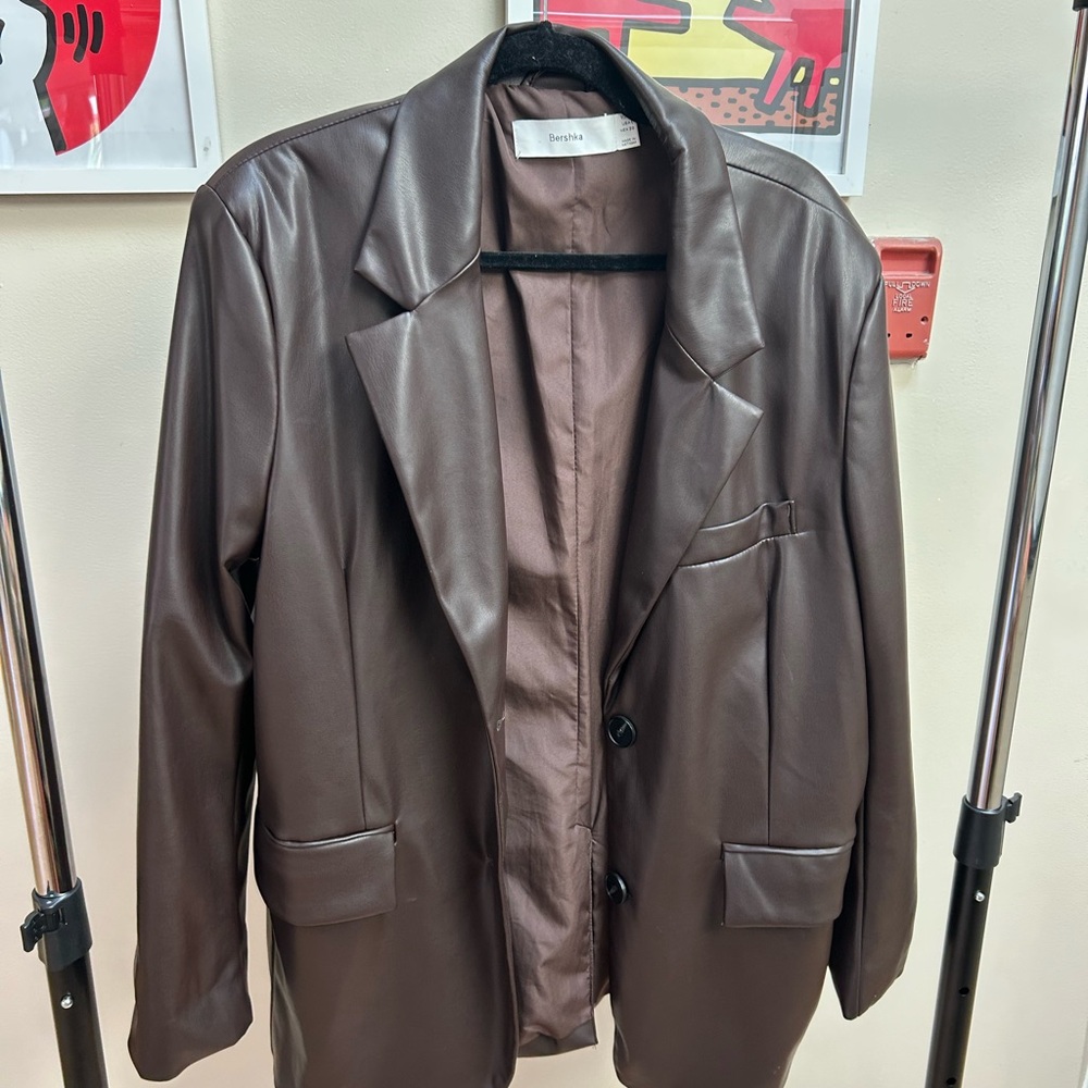 Bershka Brown Blazer Jacket Leather-Like Finish